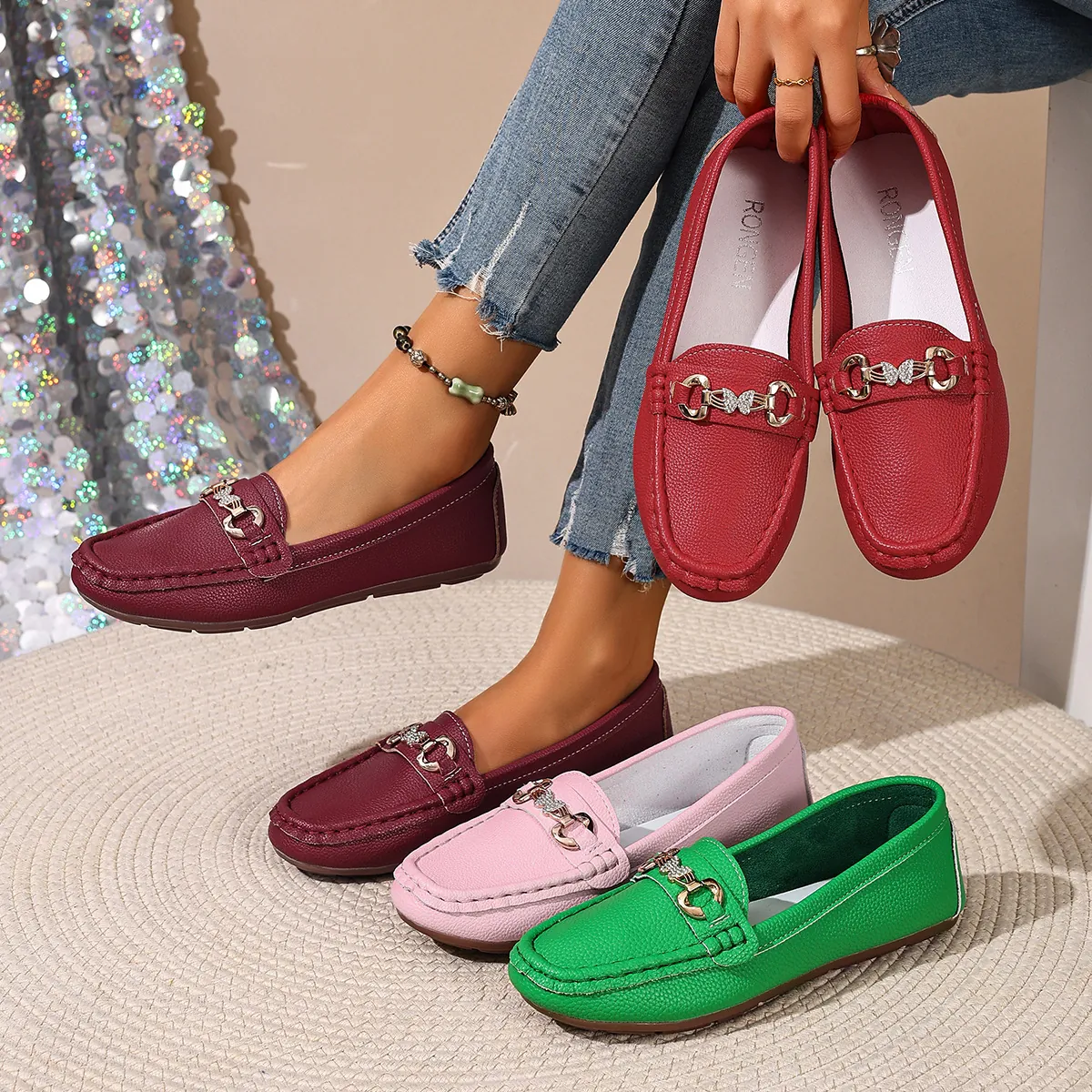 Women British Style Loafers Retro Metal Buckle Rhinestone Butterfly Chain Synthetic Leather Flat Casual Shoes Spring Autumn