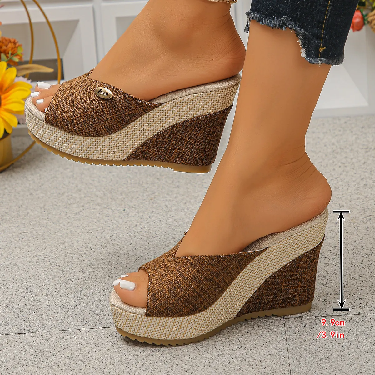 Dames Sleehak Sandalen Echt Leer Plateau Pantoffels Geweven Textuur Hoge Hak Open Teen Mules Zomer Mode Casual Strand Feest Schoenen