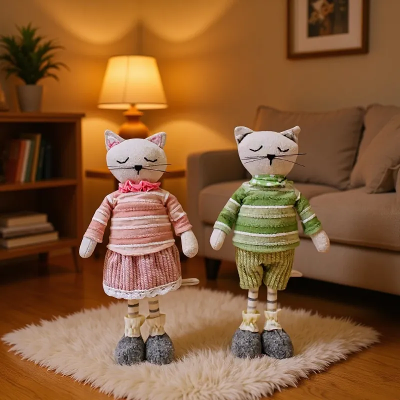 Ornement de Poupée en Peluche de Chat Mignon Style INS Jouet de Chaton en Tissu Campagnard Occidental Pour Décoration de Maison Bureau Rayures Rose Vert
