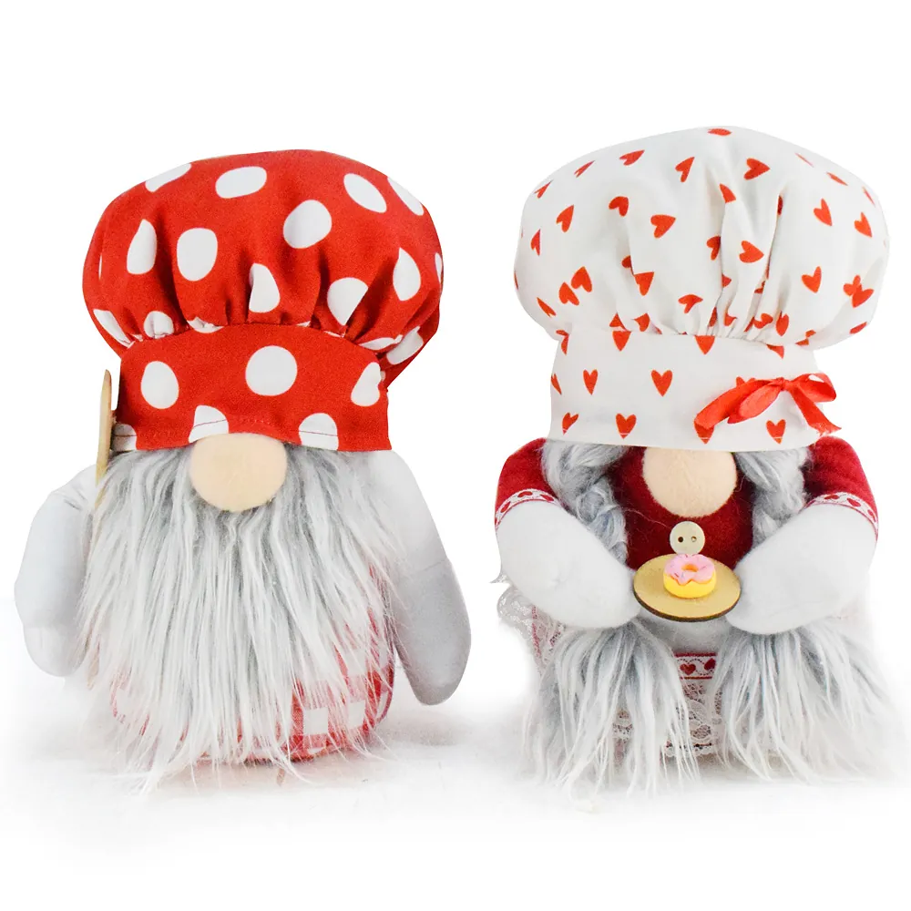 Chef Gnome Poupée Sans Visage Coeur Dessert Rudolf Nain Ornement Fait à la Main Peluche en Polyester pour Cuisine Saint-Valentin Noël Décor