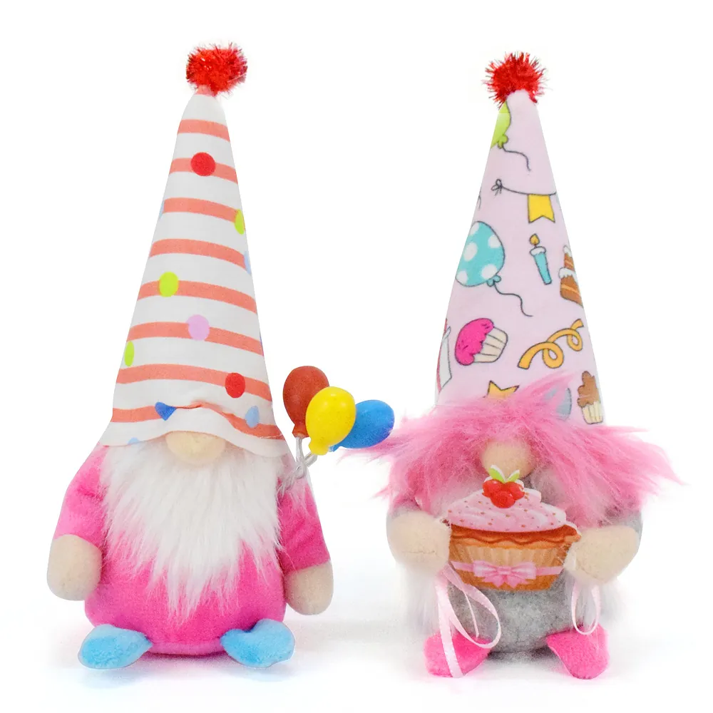 Creative Pink Birthday Gnome Plush Doll With Cake Balloons Cartoon Desktop Ornament Birthday Party Decoration Gift For Kids Adults