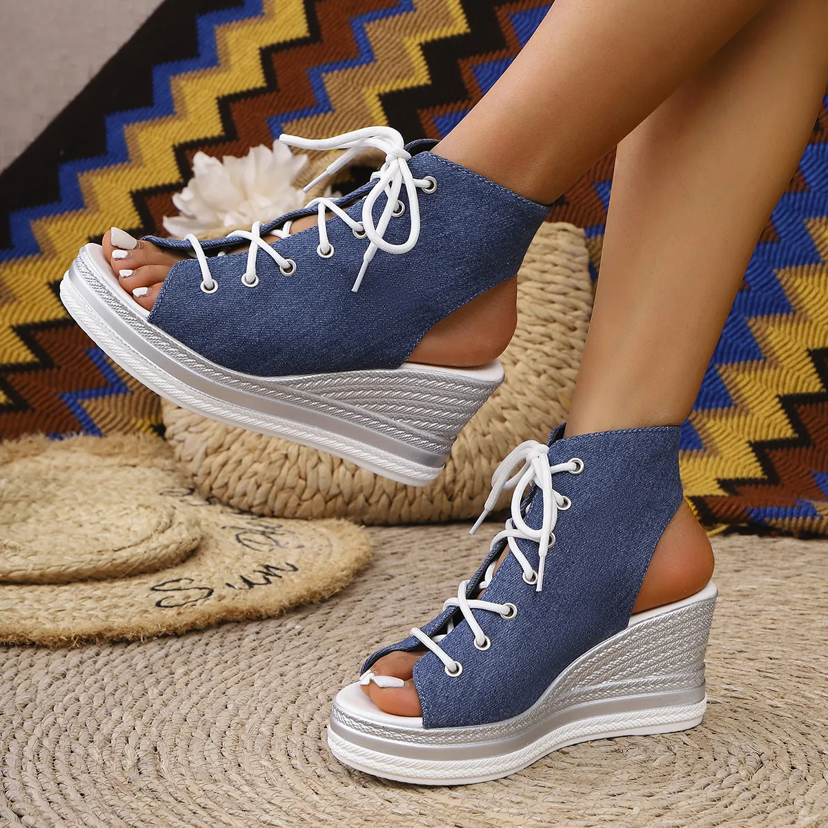 Women Wedge Sandals Peep Toe Lace-up Platform High Heels Shoes Fashion Denim Leopard Print Sandals Summer Casual Dress Shoes