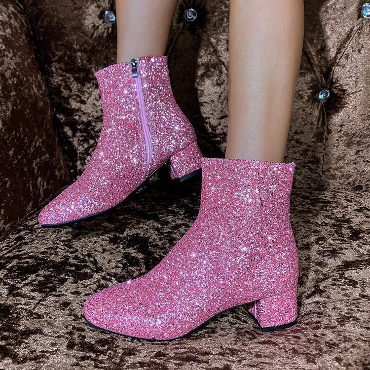 Women Sequin Ankle Boots Plus Size Chunky Heel Side Zipper PU Leather Fashion Sparkly Party Dress Shoes Autumn Winter Boots