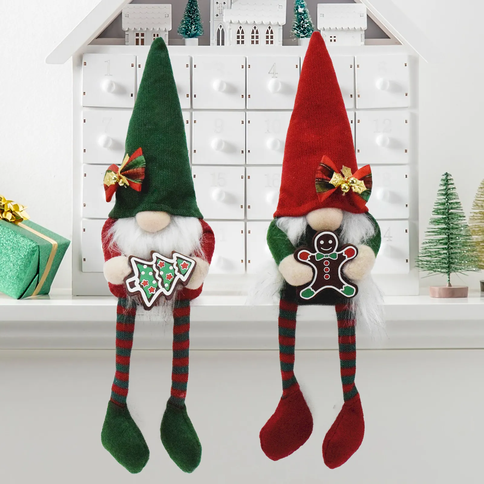 Handmade Christmas Gnome Plush Ornaments Gingerbread Rudolph Doll With Long Striped Legs Christmas Decorations For Home Gift