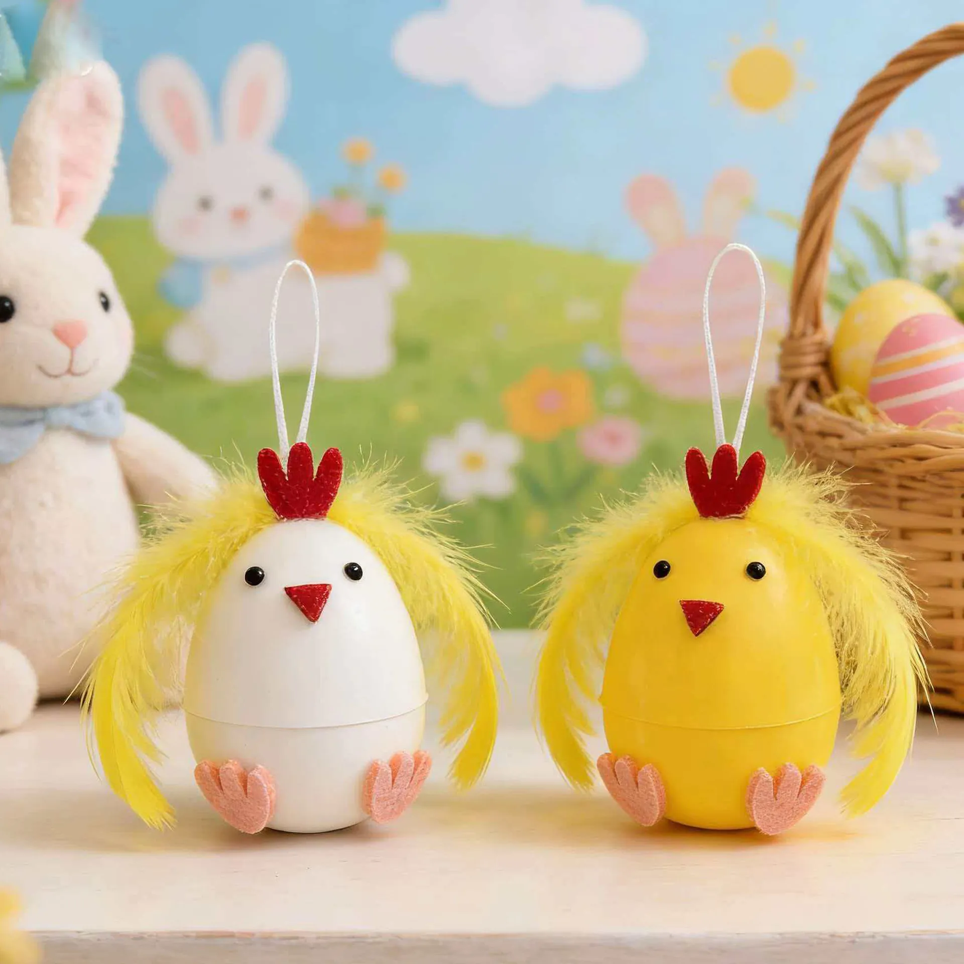 Decoraciones Colgantes de Pollito de Huevo de Pascua Ornamentos de Plástico con Pluma Artificial para Fiesta Hogar