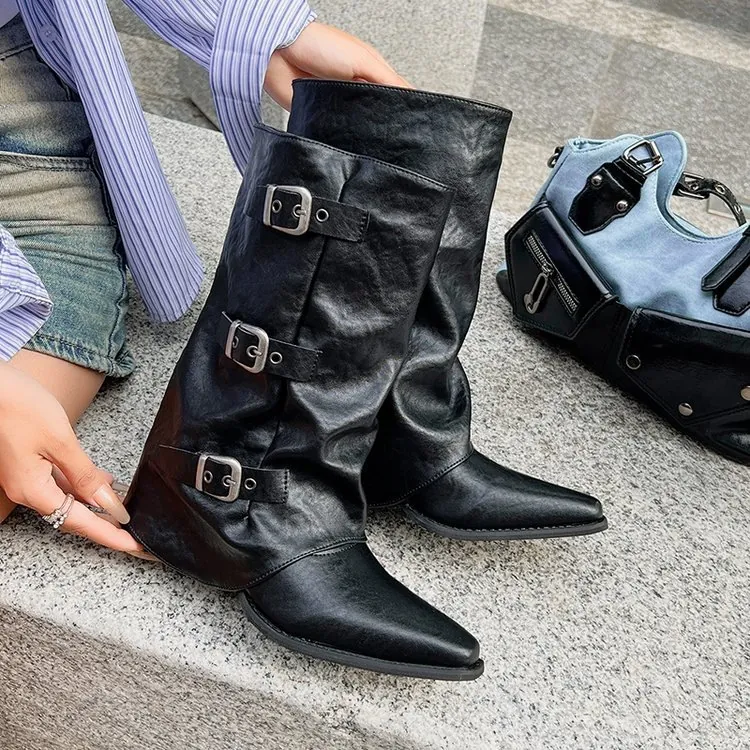 Dames Kunstleer Martin Boots Spitse Neus Blokhak Gesp Slouchy Halfhoge Laarzen Britse Stijl Retro Rits Schoeisel