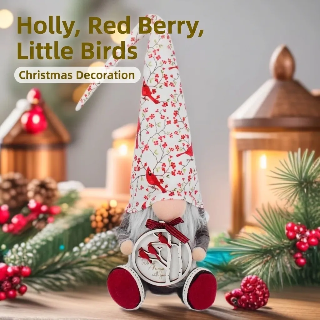 Handmade Christmas Gnome Plush Doll Holly Red Berry Cardinal Bird Hat Ornament Rustic Forest Gnome Tabletop Decoration Home Decor