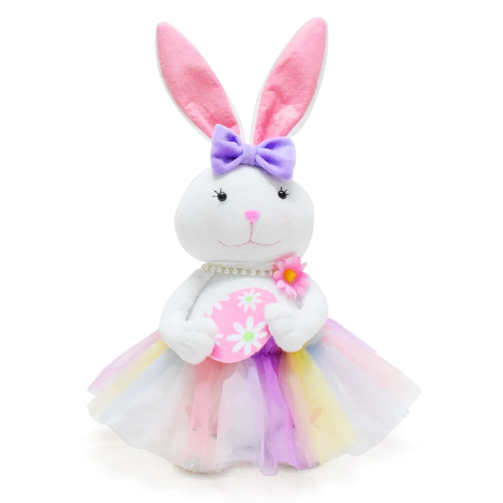 Easter Plush Bunny Ornament Sweet White Rabbit with Rainbow Mesh Skirt Pearl Necklace for Festival Home Party Table Decor