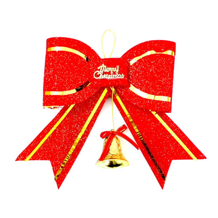 3D Double Layer Christmas Bow Decoration Red Glitter Bowknot With Merry Christmas Sign And Golden Bell Hanging Ornament