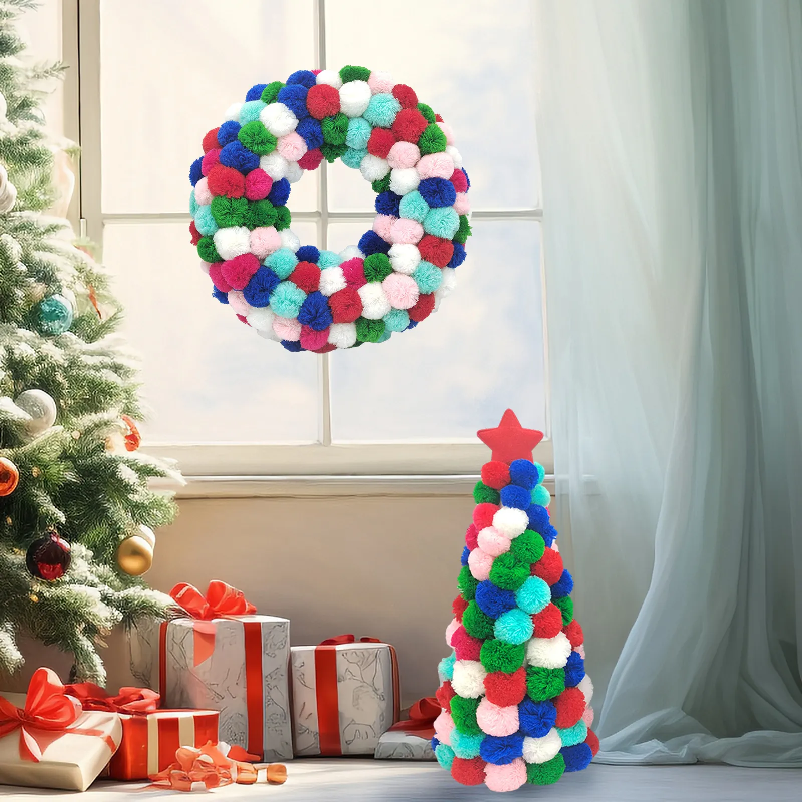 Christmas Multicolor Plush Pom Pom Wreath Tree Tabletop Hanging Ornament Rainbow Yarn Ball Festive Home Decor Ornament