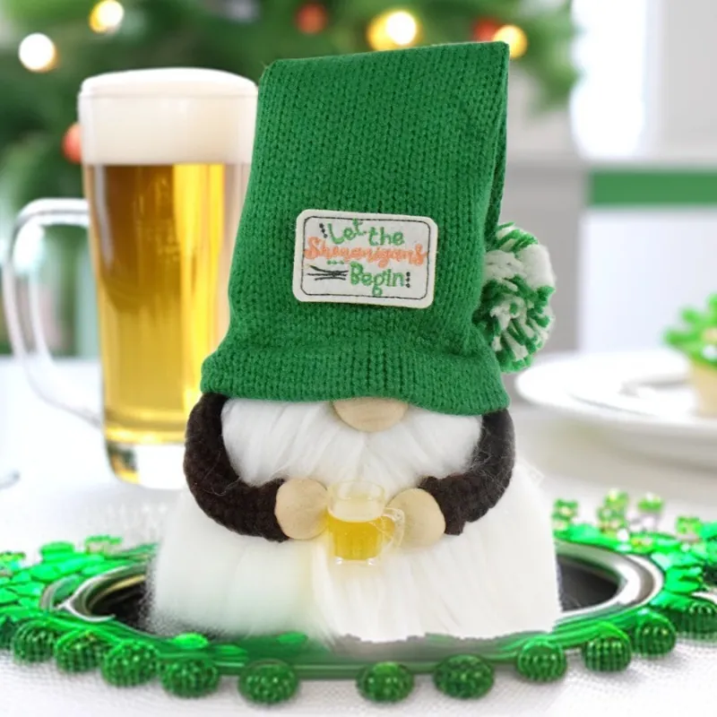 St Patrick's Day Gnome Plush Decoration Green Knitted Hat Beer Mug Scandinavian Tomte Figurine Lucky Irish Home Decor