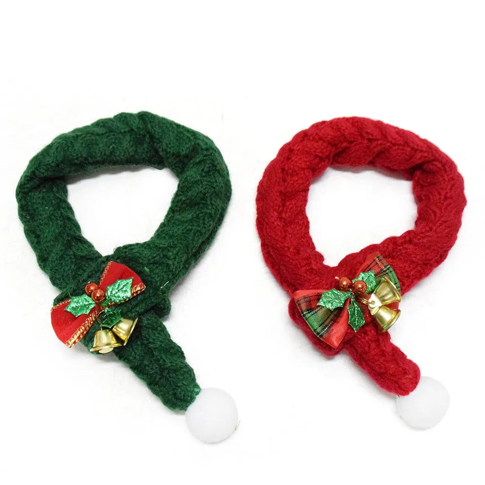 Christmas Pet Scarf Knitted Cat Dog Collar Red Green Yarn Bib With Bells Bows Pompom Festive Holiday Pet Costume Accessory