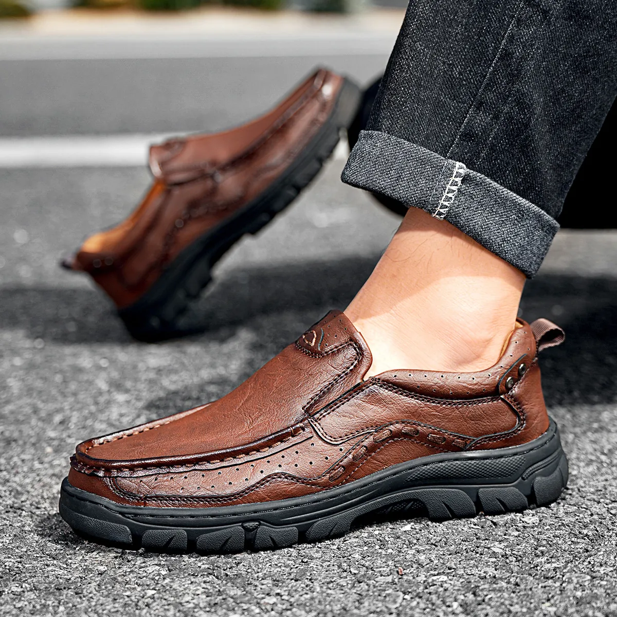 Men's Outdoor Casual Microfiber Leather Shoes Hiking Tooling Style Non-slip Thick Sole Slip-on Loafers For Men Daily Leisure Shoes