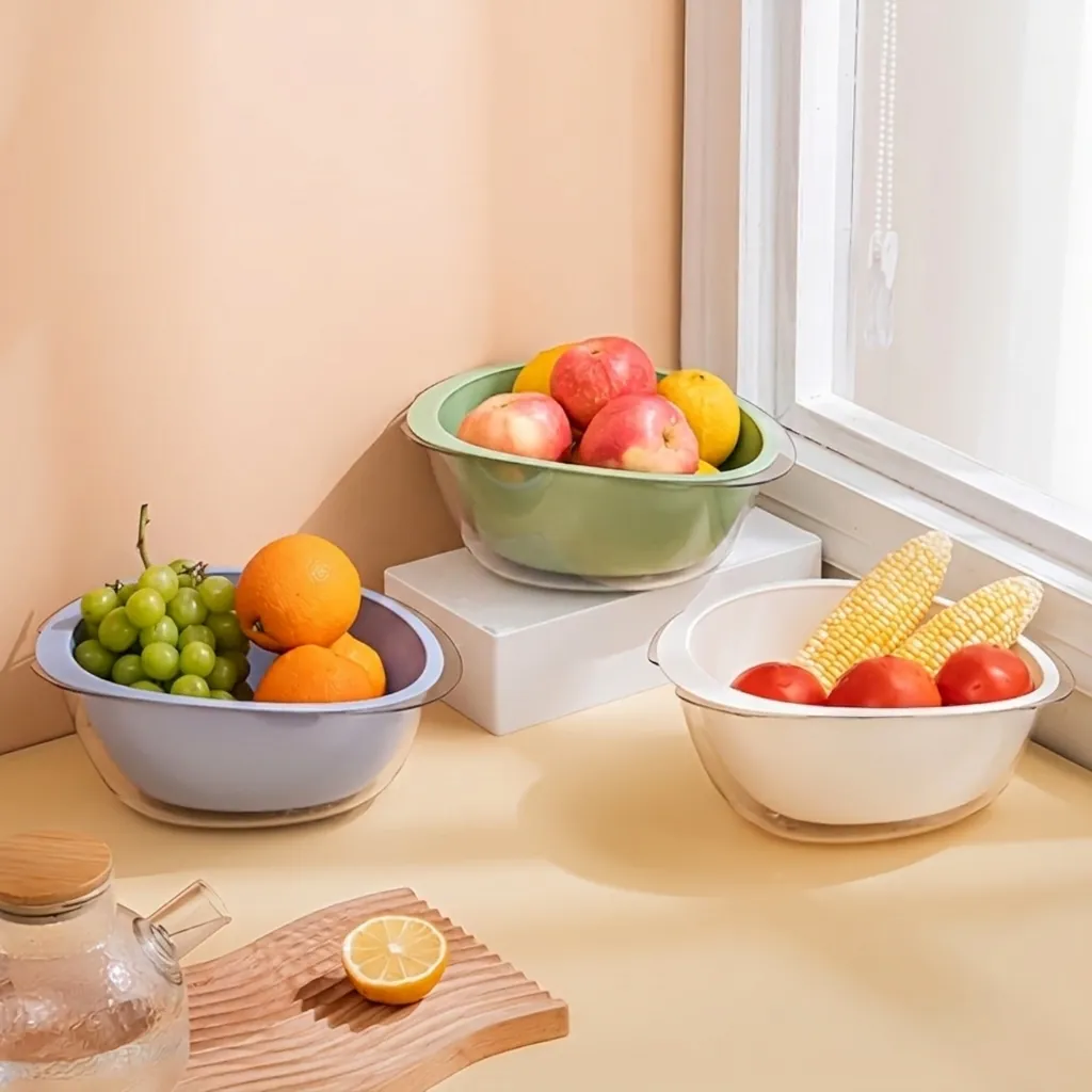 Modern Double Layer Plastic Drain Basket With Transparent Outer Basin Oval Multifunctional Kitchen Colander For Fruit And Vegetable Washing Storage