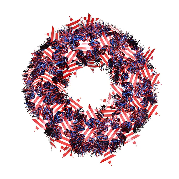 Couronne Patriotique en Guirlande pour la Fête de l'Indépendance Drapeau USA Rouge Blanc Bleu Étoiles en PVC Décoration Maison