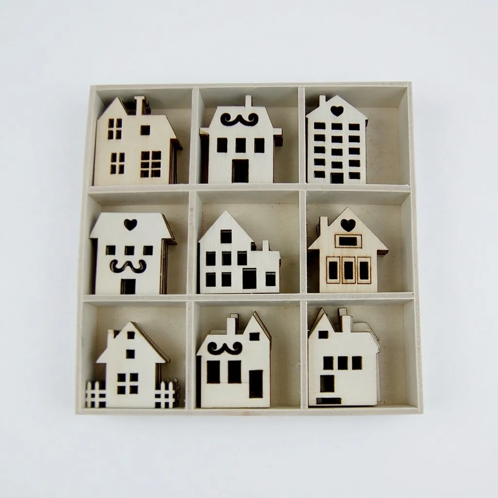DIY Wooden Christmas House Ornaments 9-Grid Set Laser Cut Wood Chips For Xmas Tree Hanging Decorations Home Decor Crafts