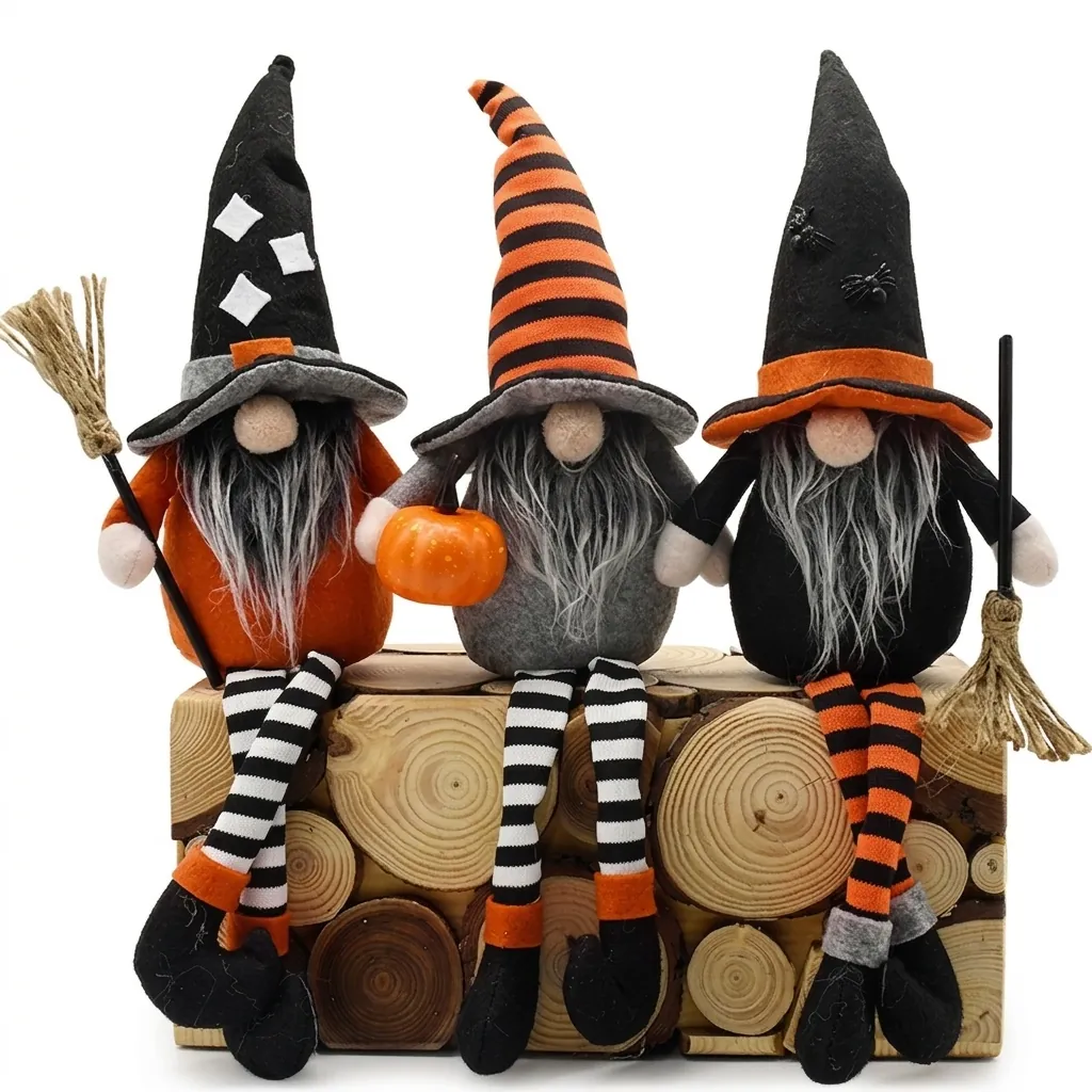 Halloween Gesichtsloser Zwerg Dekoration Gestreifte Lange Beine Hexenhut Zwerg Handgefertigte Plüschpuppe Tischornament Für Halloween Party Hausdekor