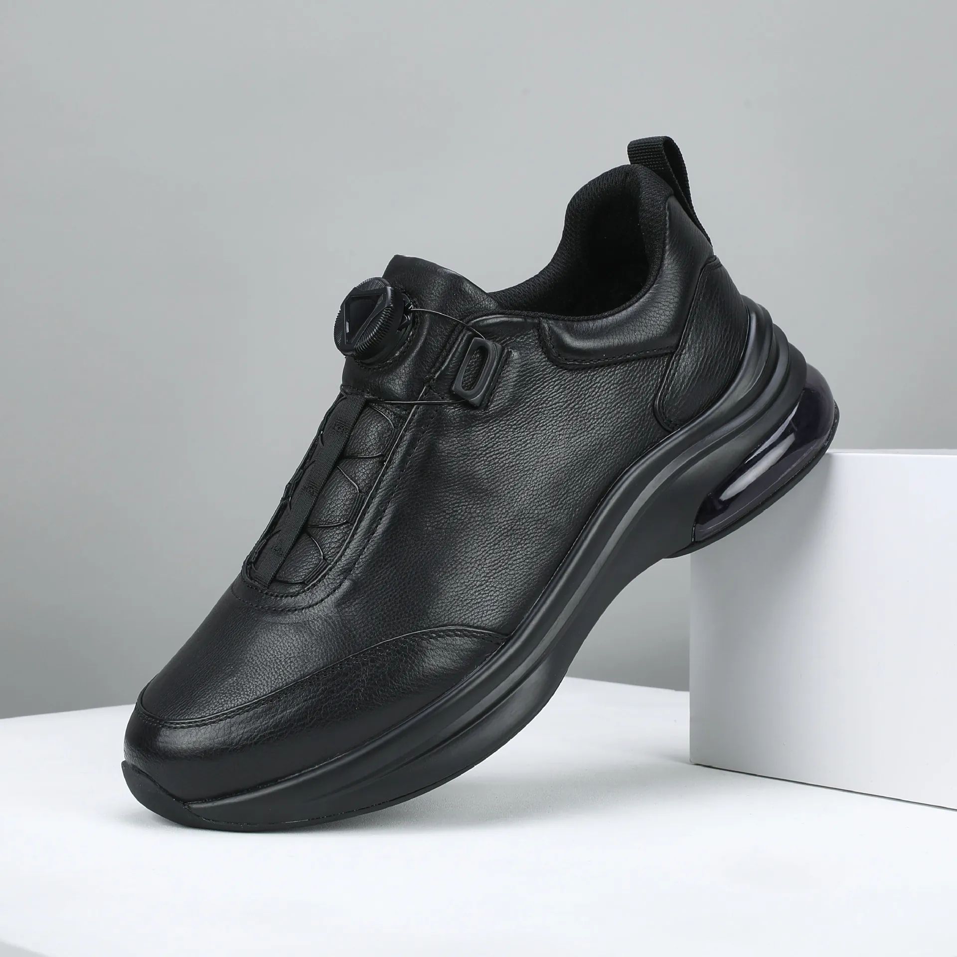 Men Genuine First Layer Cowhide Leather Casual Sneakers Thick Sole Rotating Buckle Cushioning Sports Shoes Non-Slip Loafers