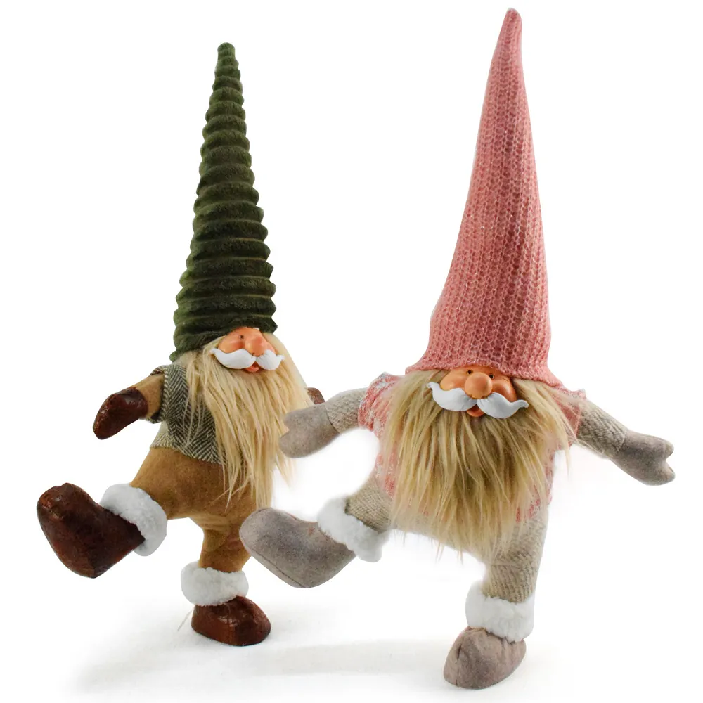 Vintage Christmas Gnome Figurine Pink Green Knitted Hat Long Beard Swedish Tomte Stuffed Doll Standing Holiday Home Decor