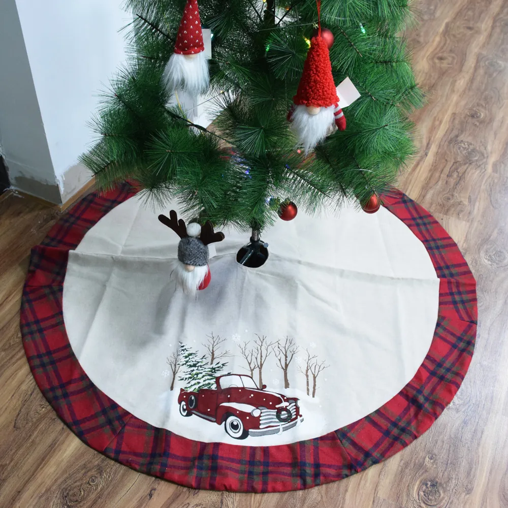 Kerstboomrok Rode Vrachtwagen Ruitpatroon Rond Polyester Feestdagen Vloermat Voor Kerstboom Decoraties Thuis Feest