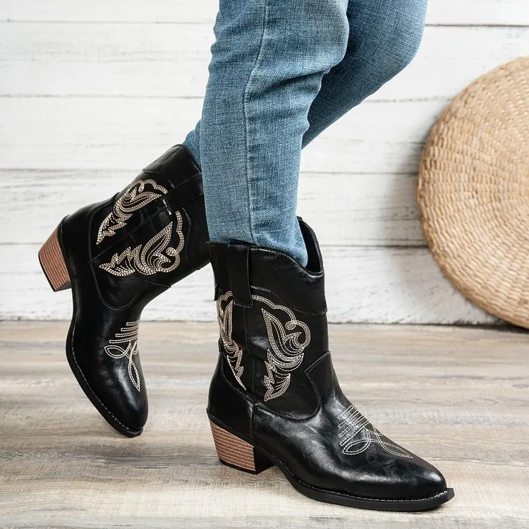 Women Western Cowboy Mid-calf Boots Pointed Toe Embroidered Chunky Heel PU Leather Retro Knight Boots For Autumn Winter
