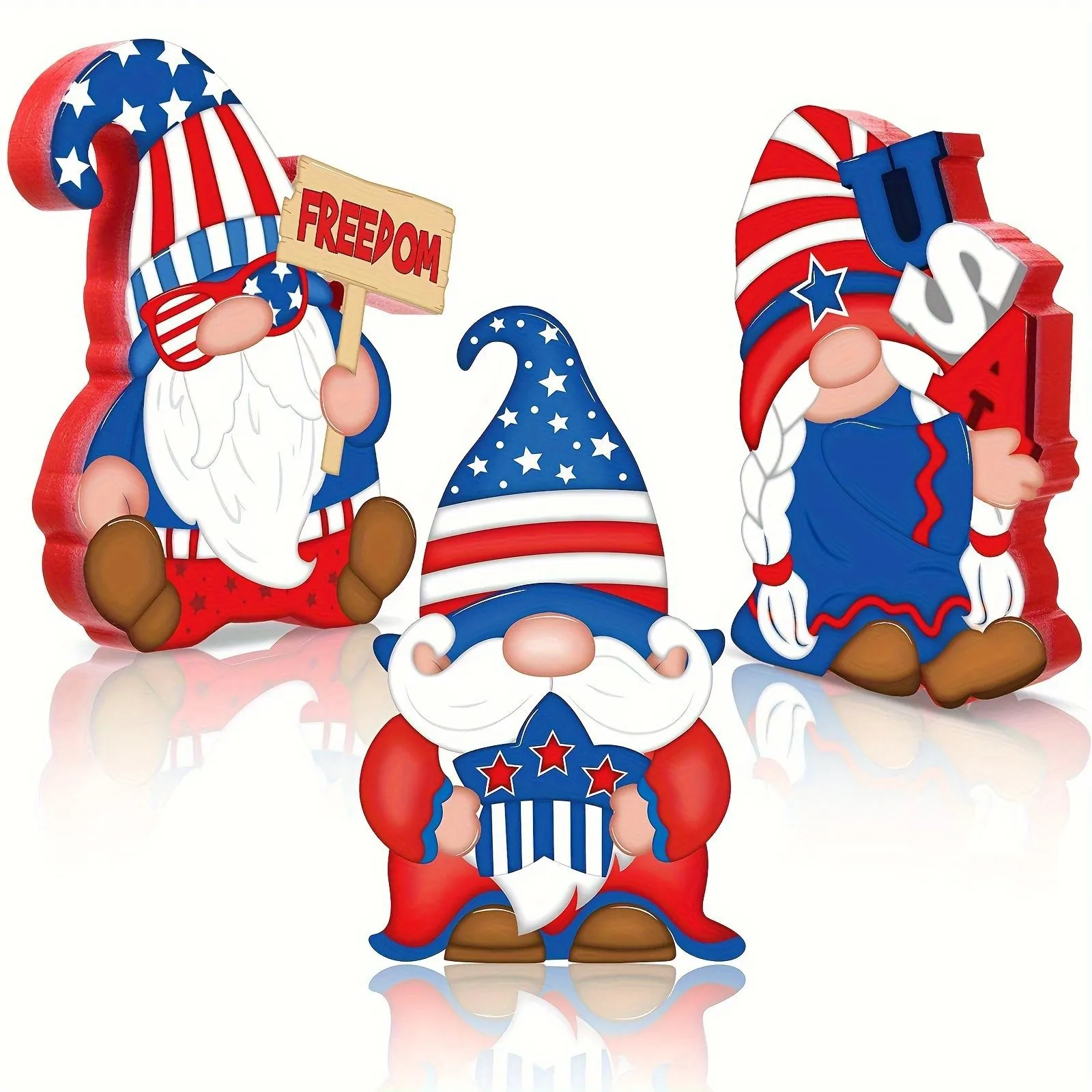 3Pcs Independence Day Wood Gnome Table Decorations Patriotic USA Freedom Tiered Tray Decor 4th of July Desktop Wooden Ornaments