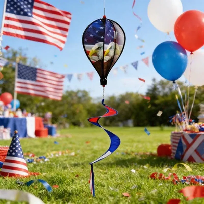 Moulin à Vent de Jardin Patriotique Jour de l'Indépendance USA Décoration Suspendue Extérieure en Forme de Montgolfière avec Motif Aigle Étoile