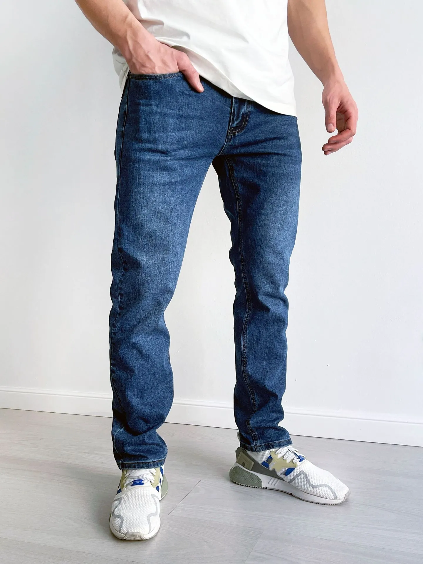 Men's Slim Fit Straight Leg Jeans Summer Thin Elastic Denim Pants Washed Casual Cotton Trousers For Men Light Blue Dark Blue