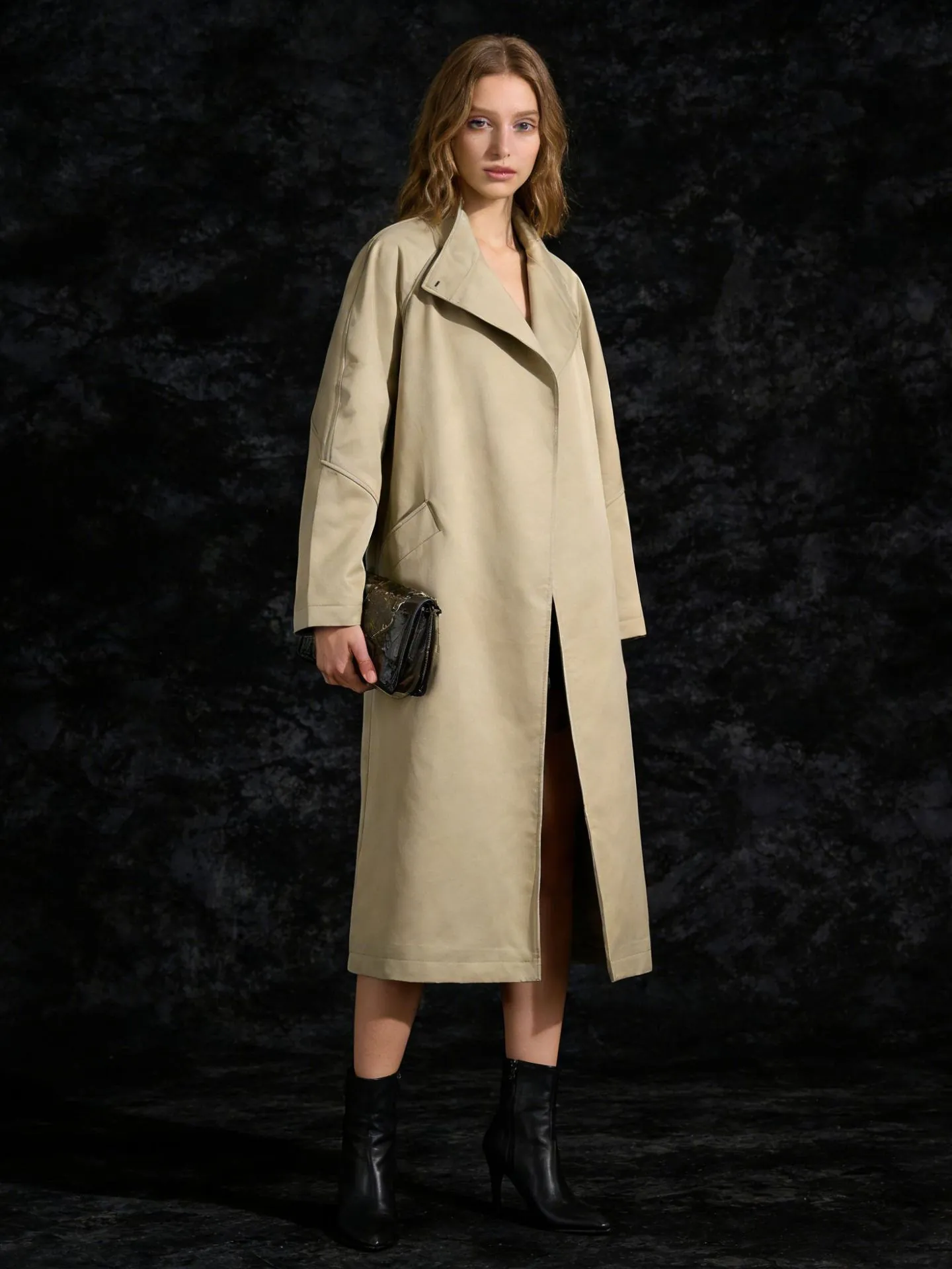 Trench Lungo da Donna in Stile Britannico Moda Coreana Khaki Poliestere Antivento Con Bottoni Revers Soprabito per Uso Quotidiano