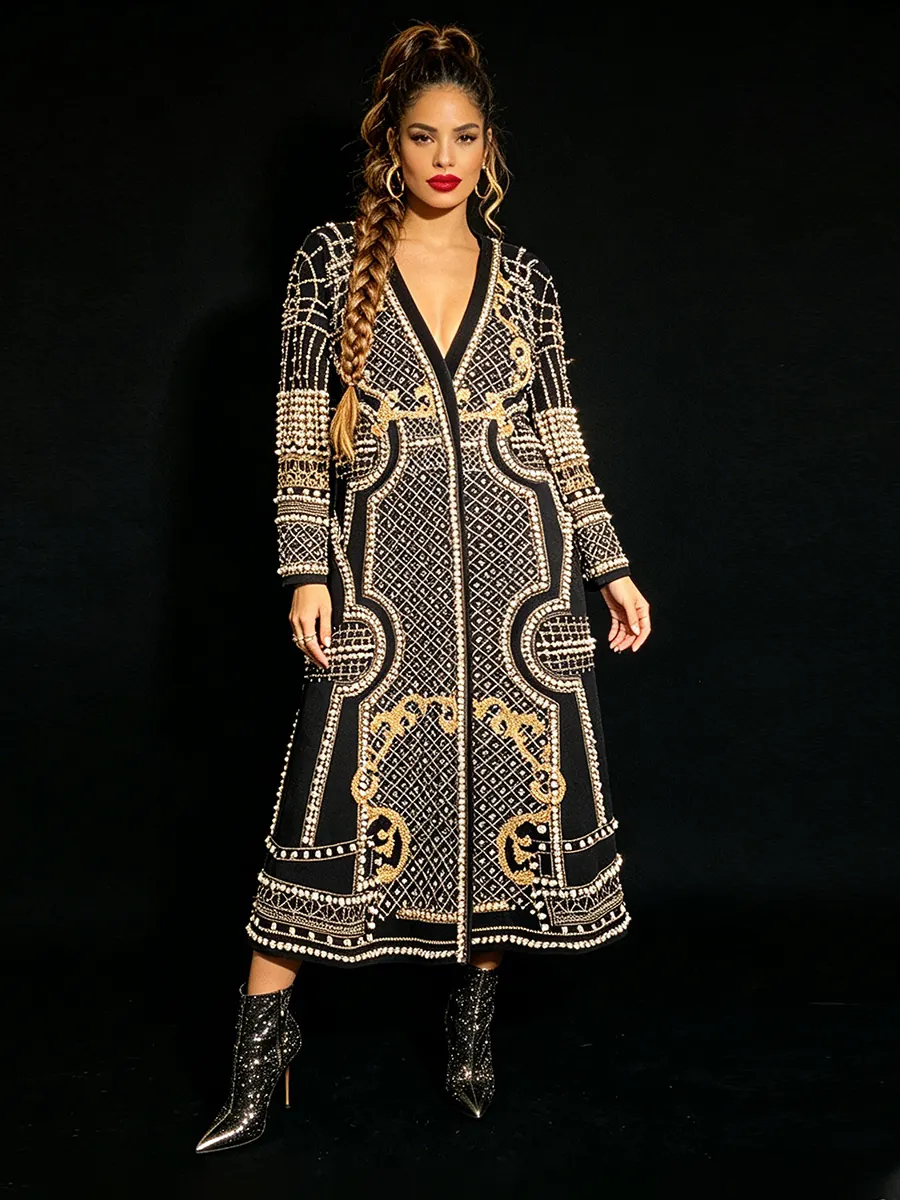Cappotto Blazer Lungo da Donna di Lusso Stampa Geometrica Barocca Lavorazione a Perline Pesanti Perla Artificiale Poliestere Top