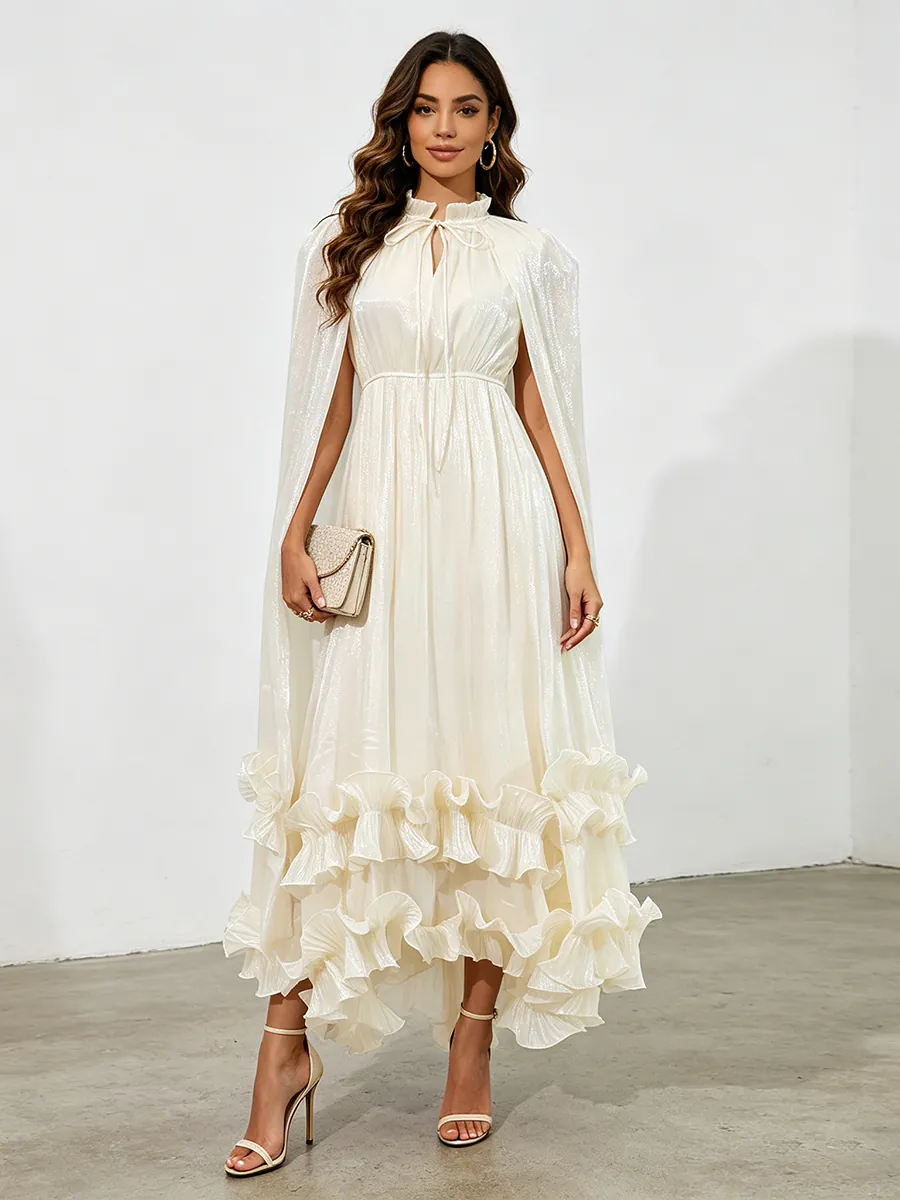 Französischer Stil Luxus Cape Maxikleid Für Damen Sommer Neu Hohe Taille Spitze Schlank Elegant Abend Party Kleid