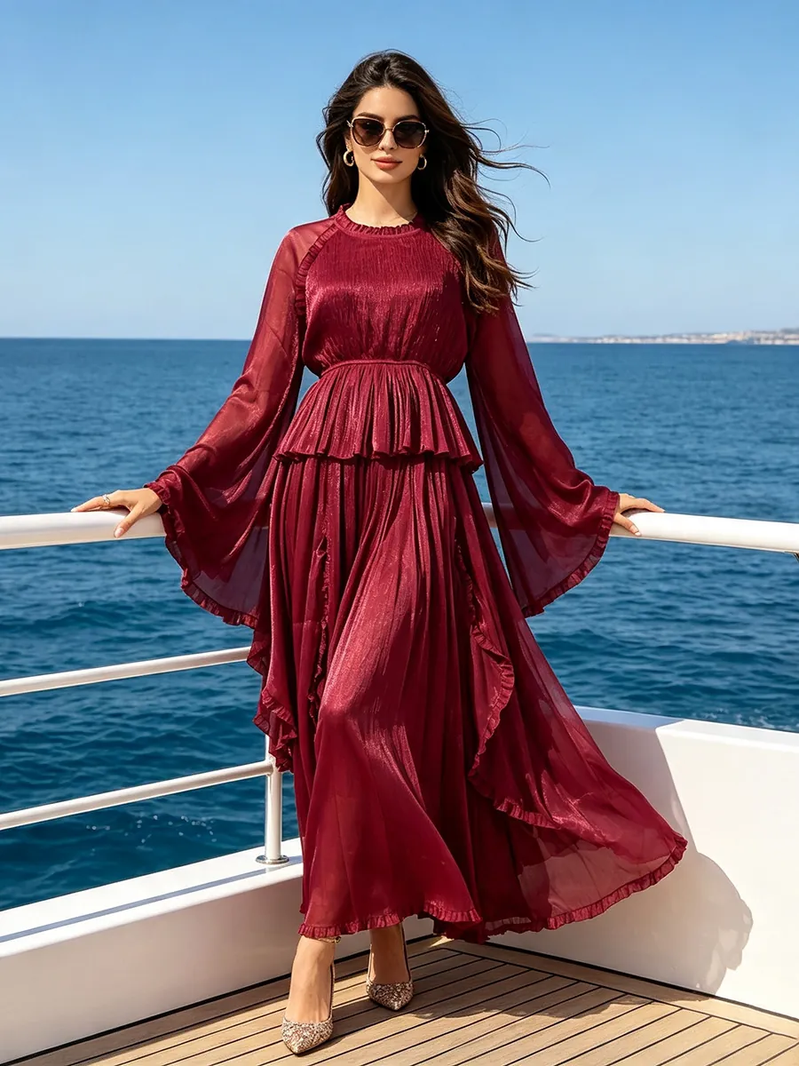 Abito Lungo in Stile Francese Elegante Tinta Unita Dimagrimento Vita Manica a Campana Estate Patchwork Spacco Donna Abito Retrò