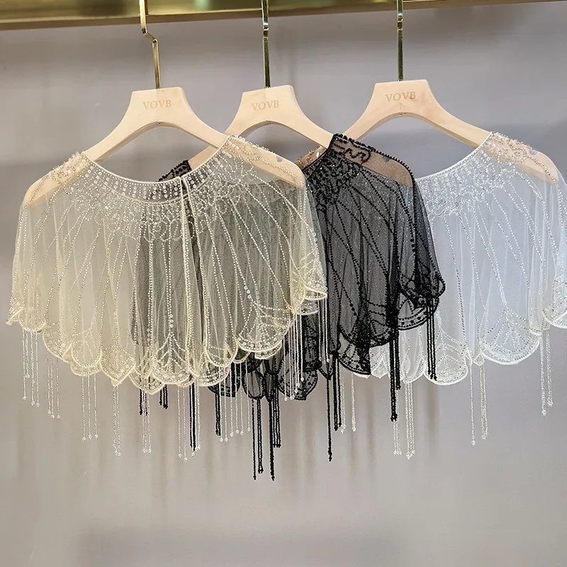 Damen Perlen Fransen Tassel Schal Cape Für Cheongsam Hochzeitskleid Abendkleid Durchsichtig Georgette Netz Capelet