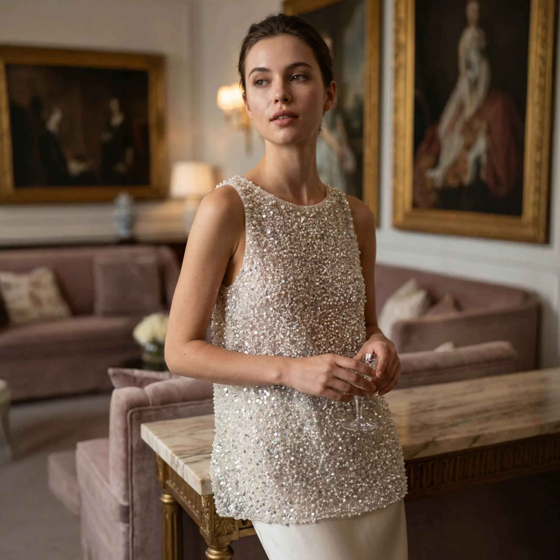 Women Luxurious Sequin Artificial Pearl Embroidered Sleeveless Tank Top Elegant Summer Polyester Vest Party Banquet Top
