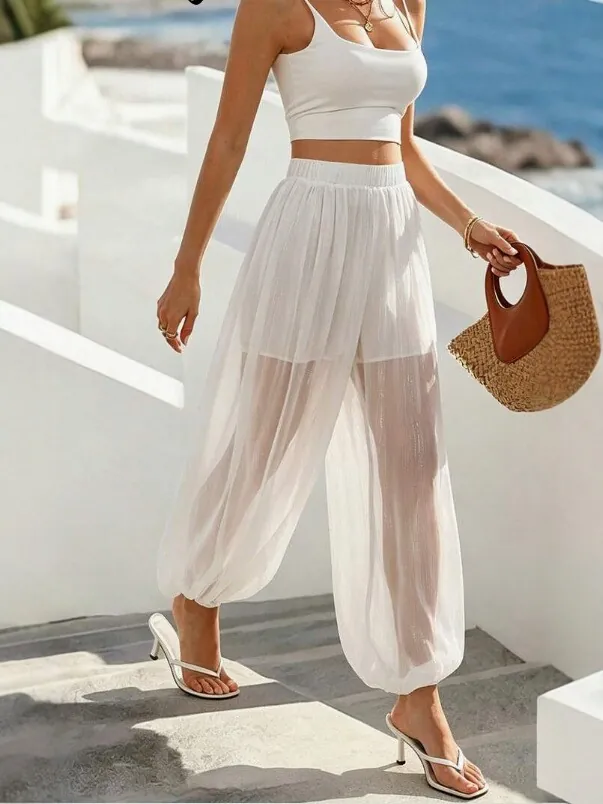 Damen Sommer Mesh Durchsichtig Pluderhosen Lässig Hohe Taille Gespleißt Weites Bein Einfarbig Lose Urlaub Strand Hose