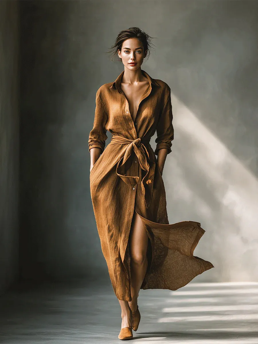French Style Shirt Collar Long Sleeve Maxi Dress For Women Elegant Tie Waist Button Down Solid Color Split Hem Long Dress