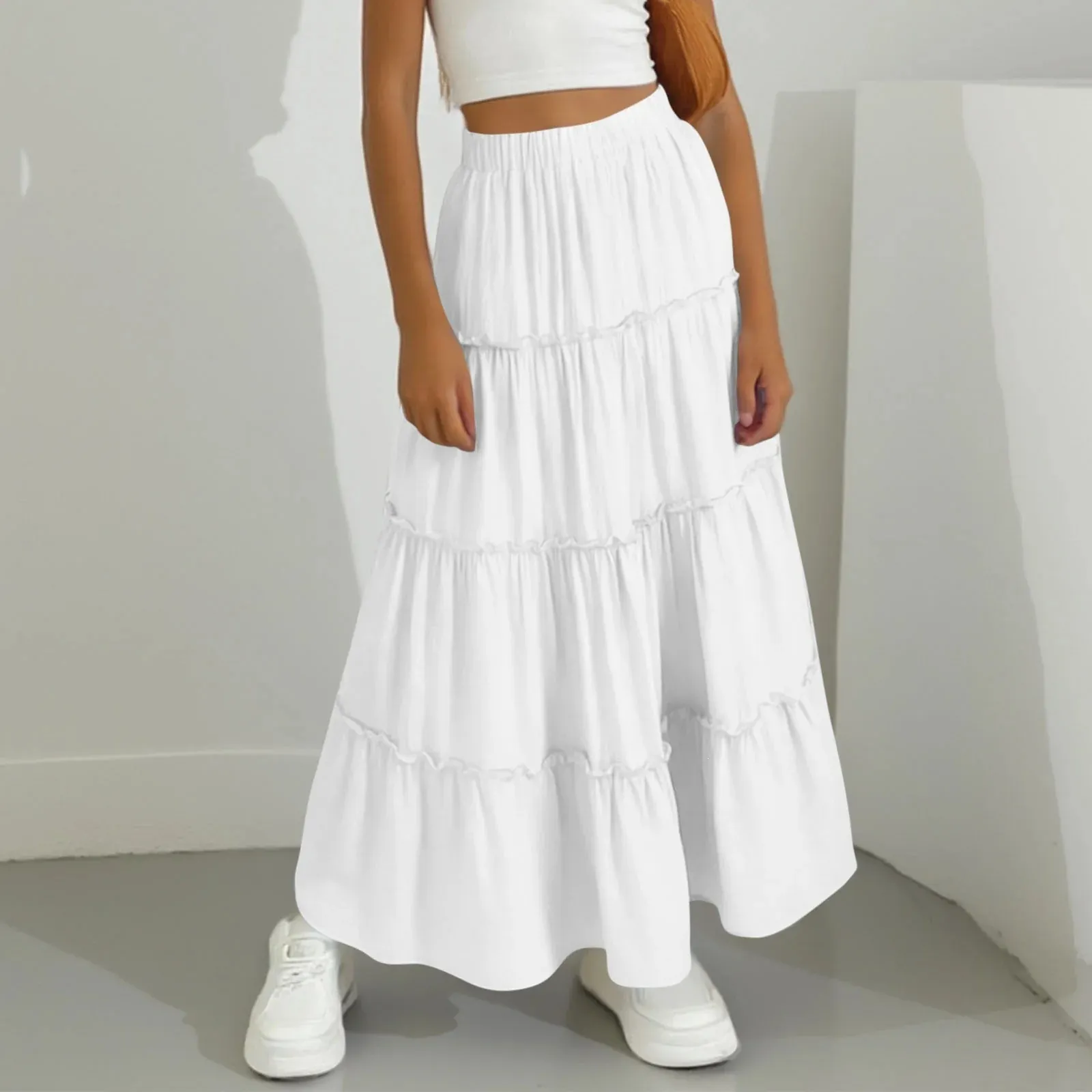 Women's Summer Tiered Maxi Skirt Polyester High Waist Elastic A-Line Tiered Skirt Solid Color Boho Casual Midi Skirt Bottom