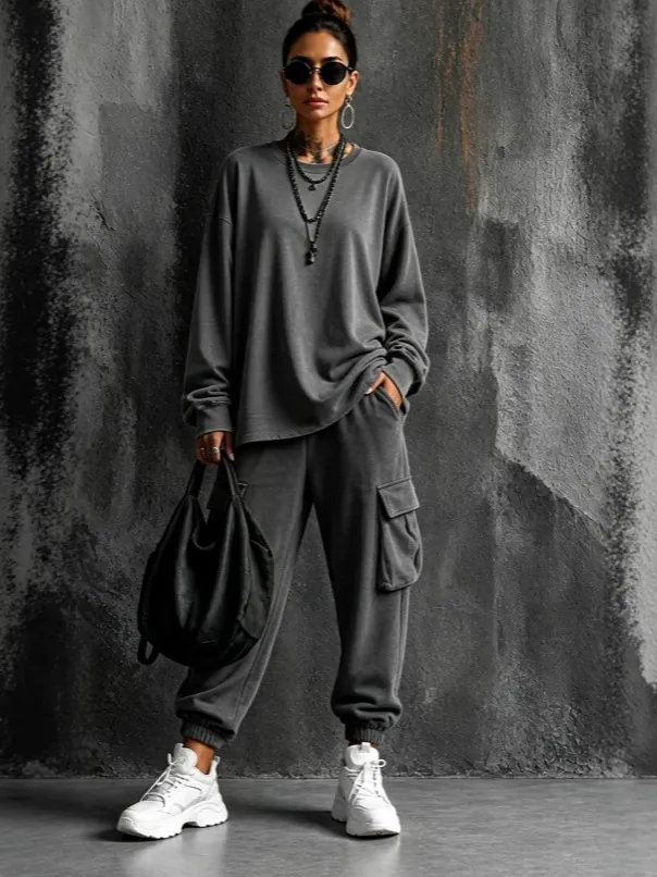 Women's Casual Two Piece Set Polyester Long Sleeve Sweatshirt And Cargo Pants Streetwear Solid Color Loungewear Outfits