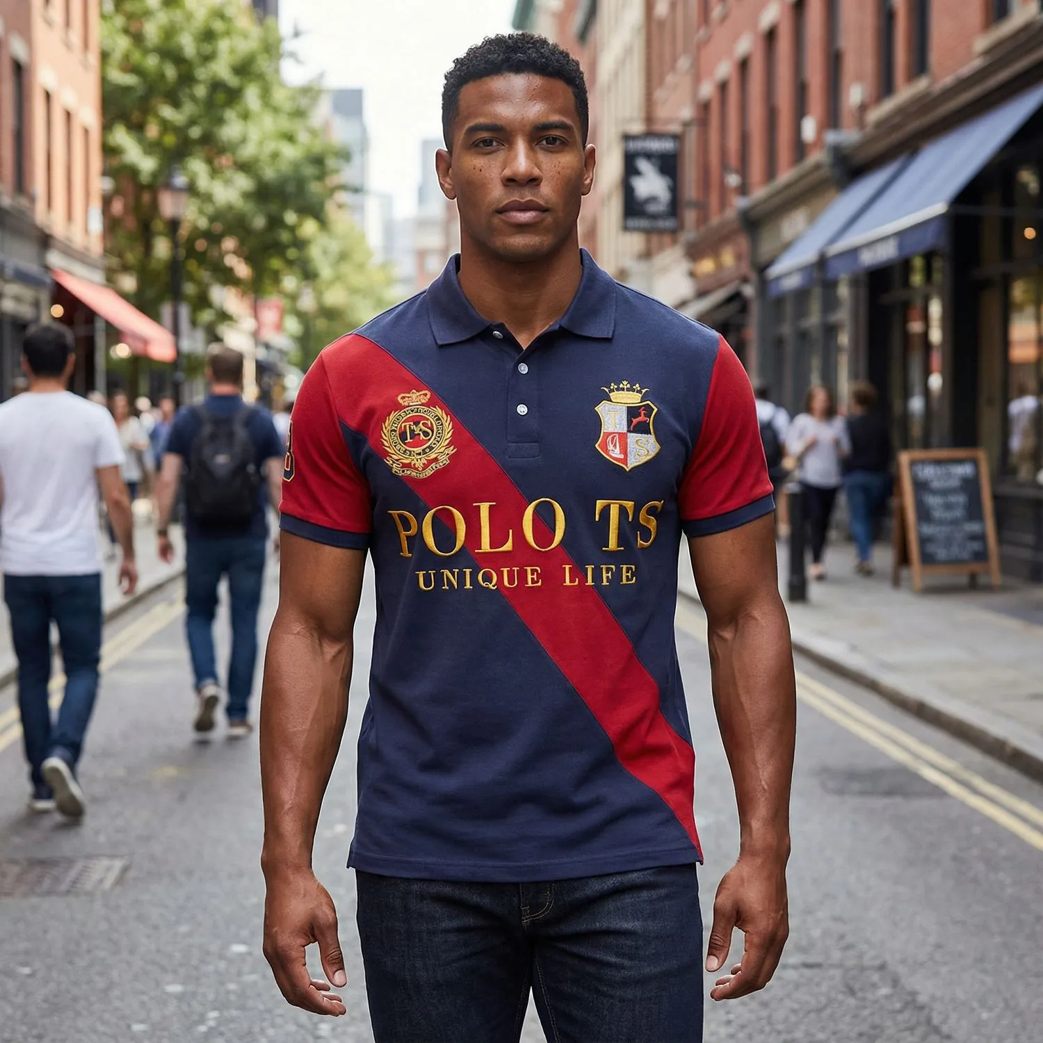 Men British Sporty Cotton Polo Shirt Short Sleeve Contrast Diagonal Color Block Embroidered Golf Casual Top