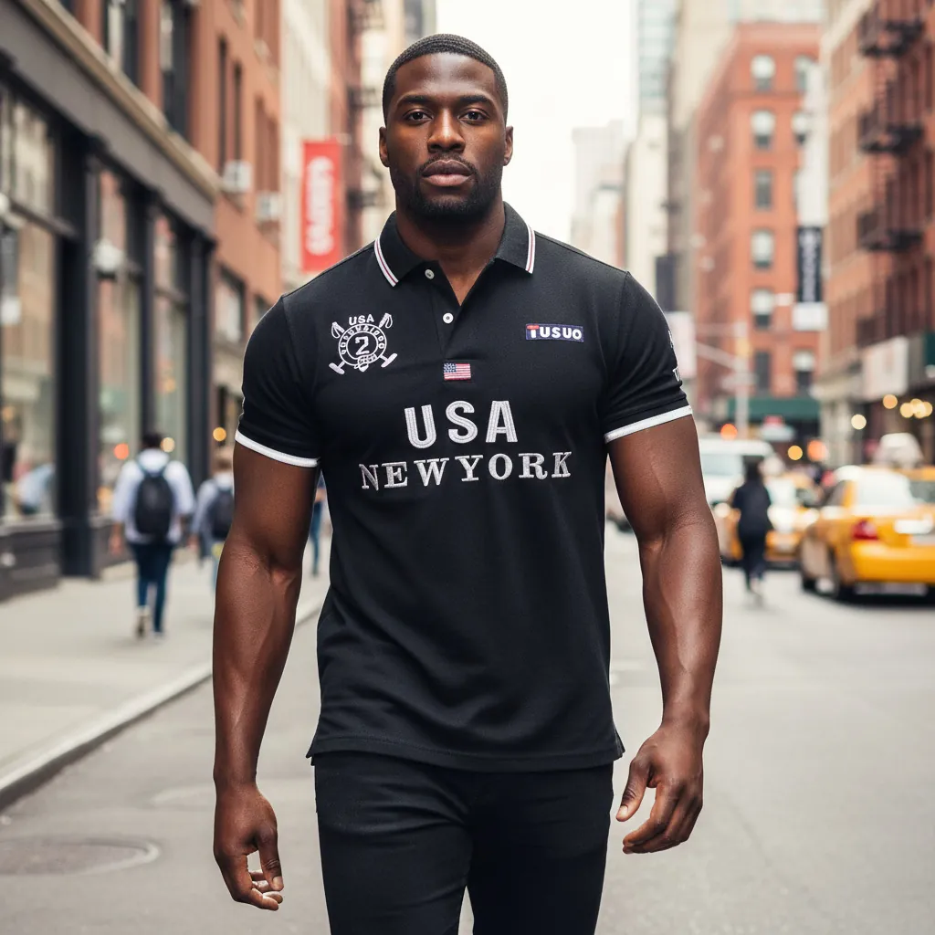 Men Cotton Short Sleeve Polo Shirt With USA New York Embroidery Sporty Golf Pique Top Casual Breathable Slim Fit Apparel