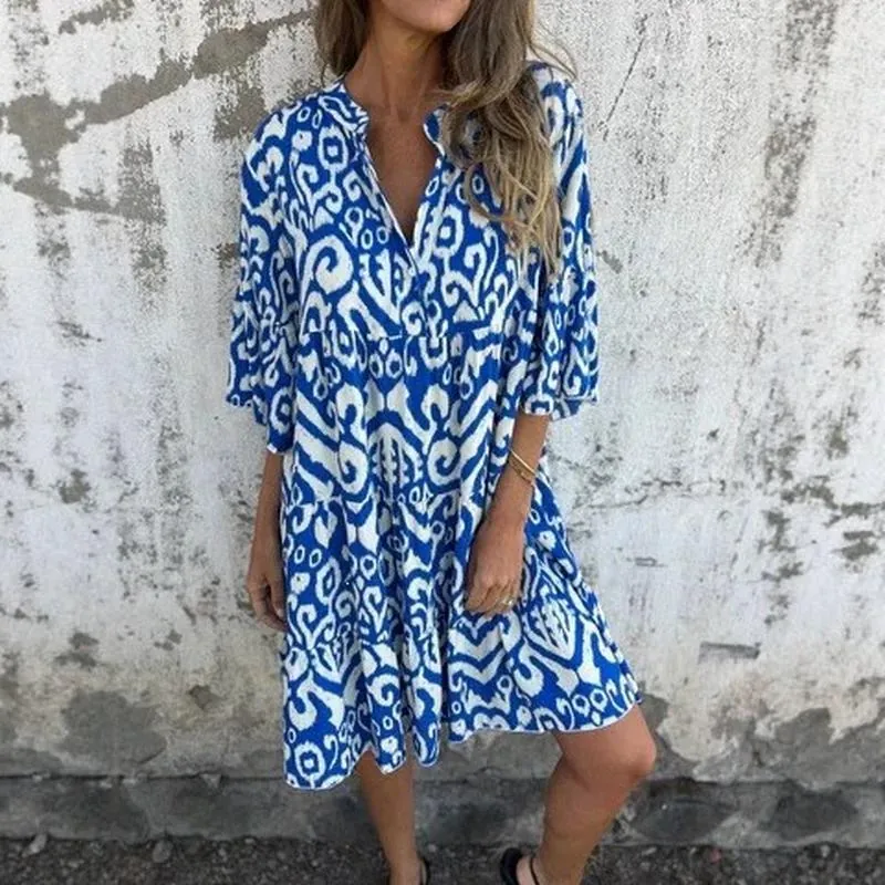Women V Neck Floral Print Midi Dress Boho Casual Summer Tiered Pleated Ruffle Short Sleeve Polyester Spandex Dresses