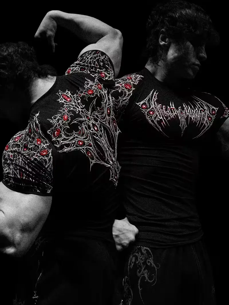 Men Gothic Skull Graphic Compression T-Shirt Quick Dry Breathable Polyester Sportswear Slim Fit Gym Workout Top Short Sleeve