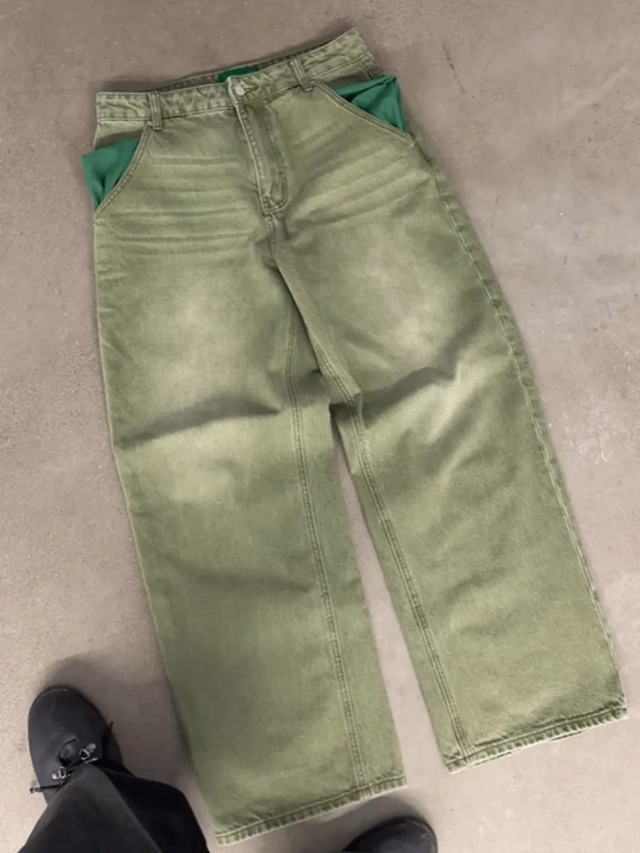 Men Baggy Jeans Retro Matcha Green Mocha Brown Loose Straight Denim Pants Vintage Streetwear Washed Wide Leg Cotton Jeans