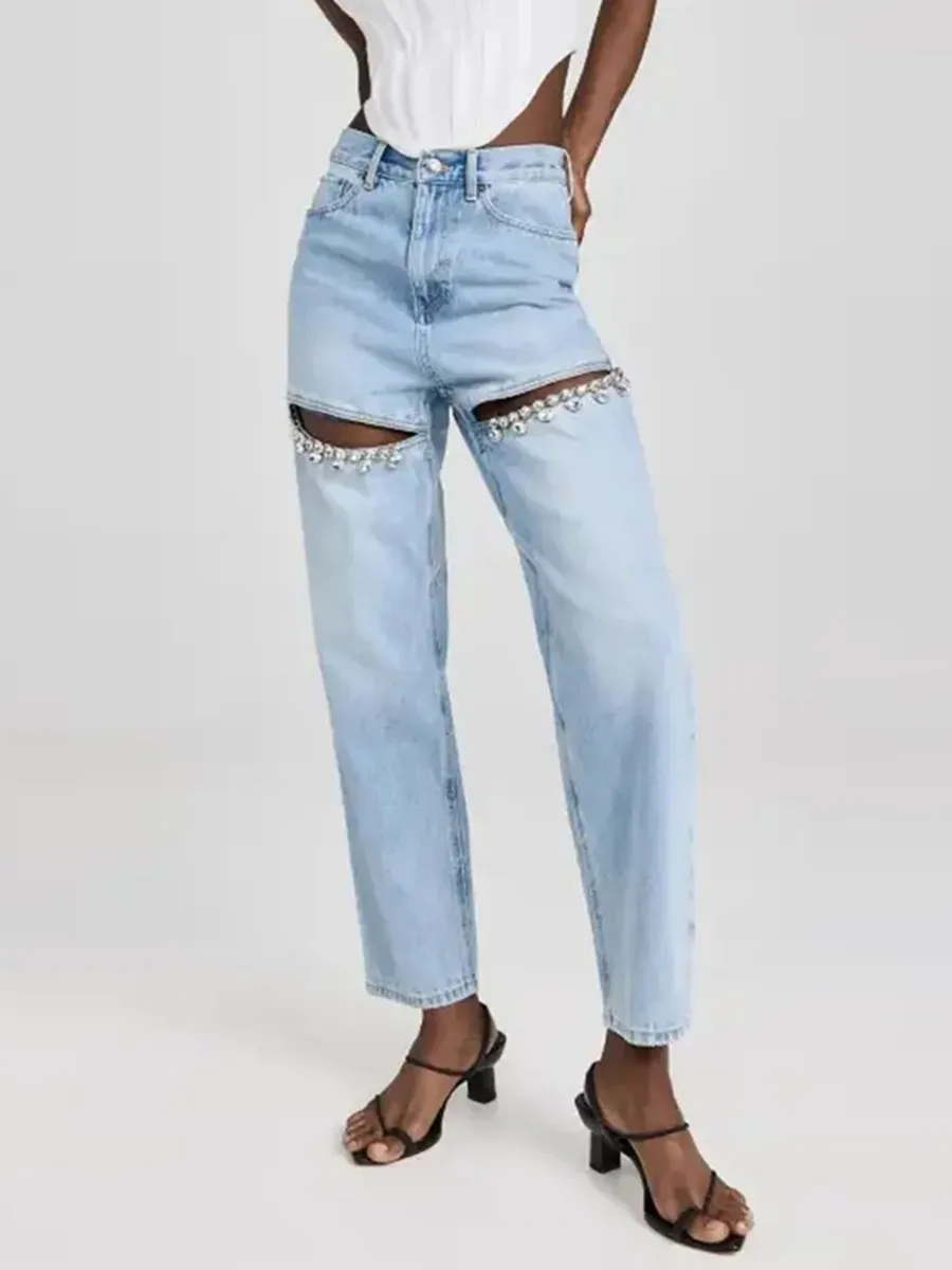 Women's High Waist Rhinestone Hollow-out Wide Leg Jeans Cotton Blend Streetwear Denim Long Pants With Rhinestone Accents