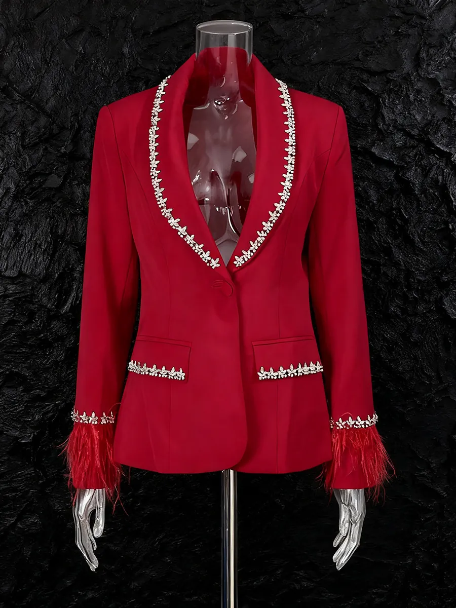 Women Elegant French Style Blazer Slim Fit Rhinestone Inlaid Trim Feather Cuff Suit Jacket For Professional Office Partywear