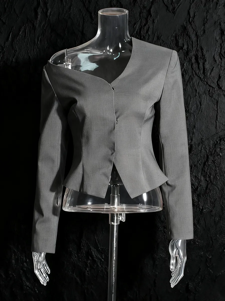 Dames Elegant Schuine Kraag Lange Mouw Blazer Top Off-shoulder Getailleerd Effen Grijs Pak Jas Kantoor Lady Bovenkleding
