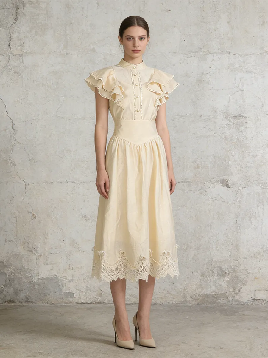 Retro Romantic Flutter Sleeve Top And High Waist A-Line Lace Skirt Top And Bottom Polyester Cotton Blend Set