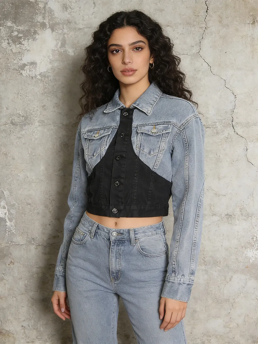 Damen Korean Fashion Schlanke Passform Patchwork Denimjacke Kurz Jeansmantel Top Bottom Kontrastfarbe Gewaschene Jacke