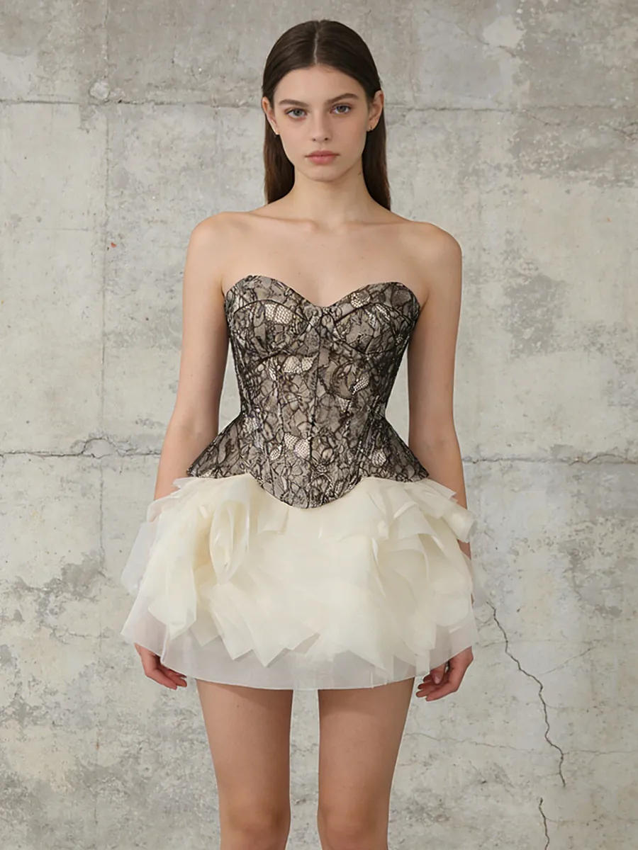Französische Sexy Elegante Schwarze Spitze Bustier Korsett Top Oder Off-White Puffy Tüll Mesh Minirock Für Damen Bankett Party