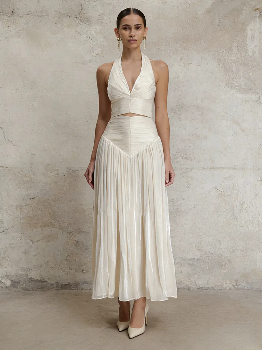 French Elegant Halter Sleeveless Top And Pleated Maxi Skirt Set Solid Color Satin Look Co-ord Suit For Women